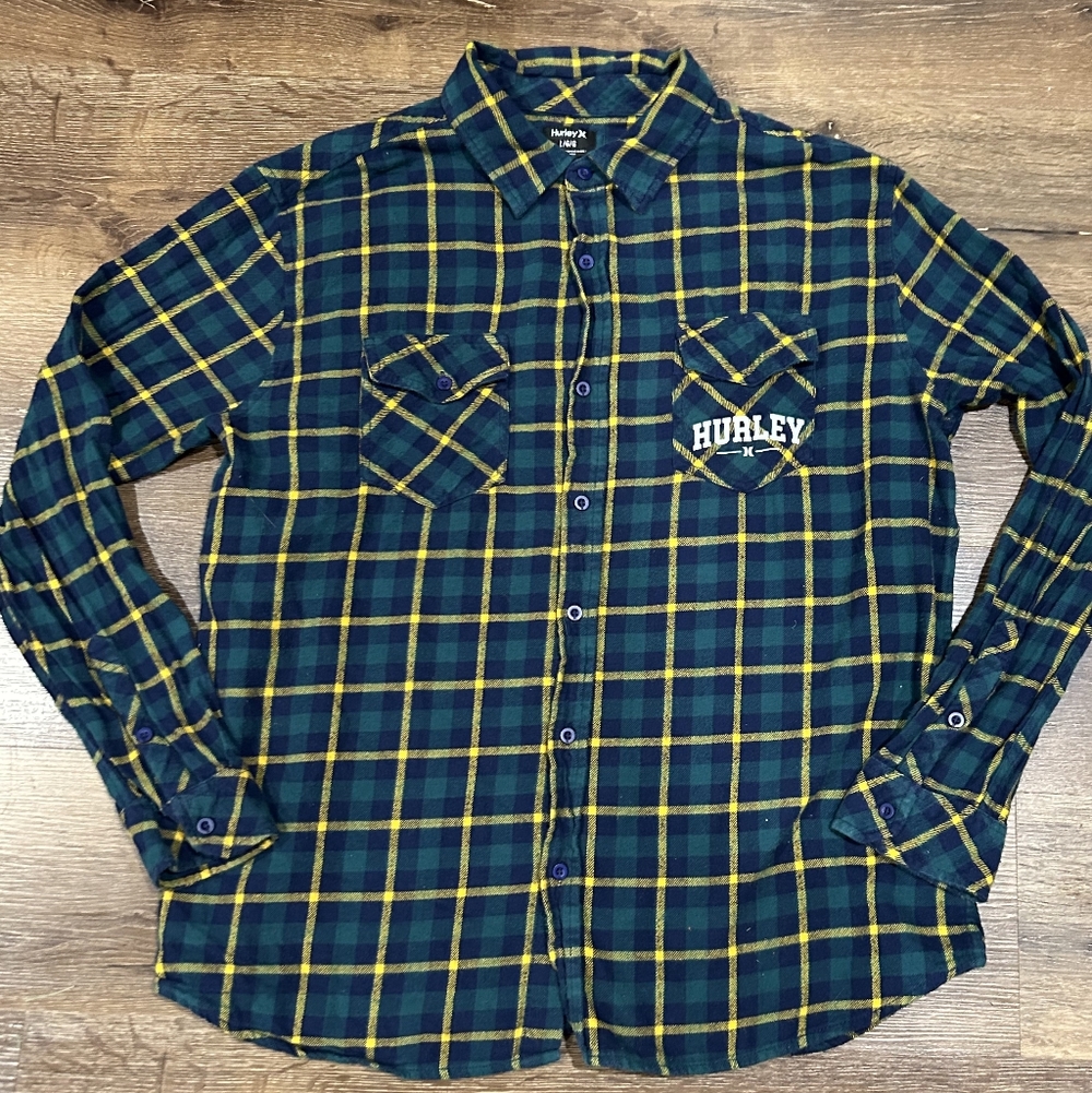 Hurley Green & Yellow Plaid Flannel Button-Down Shirt